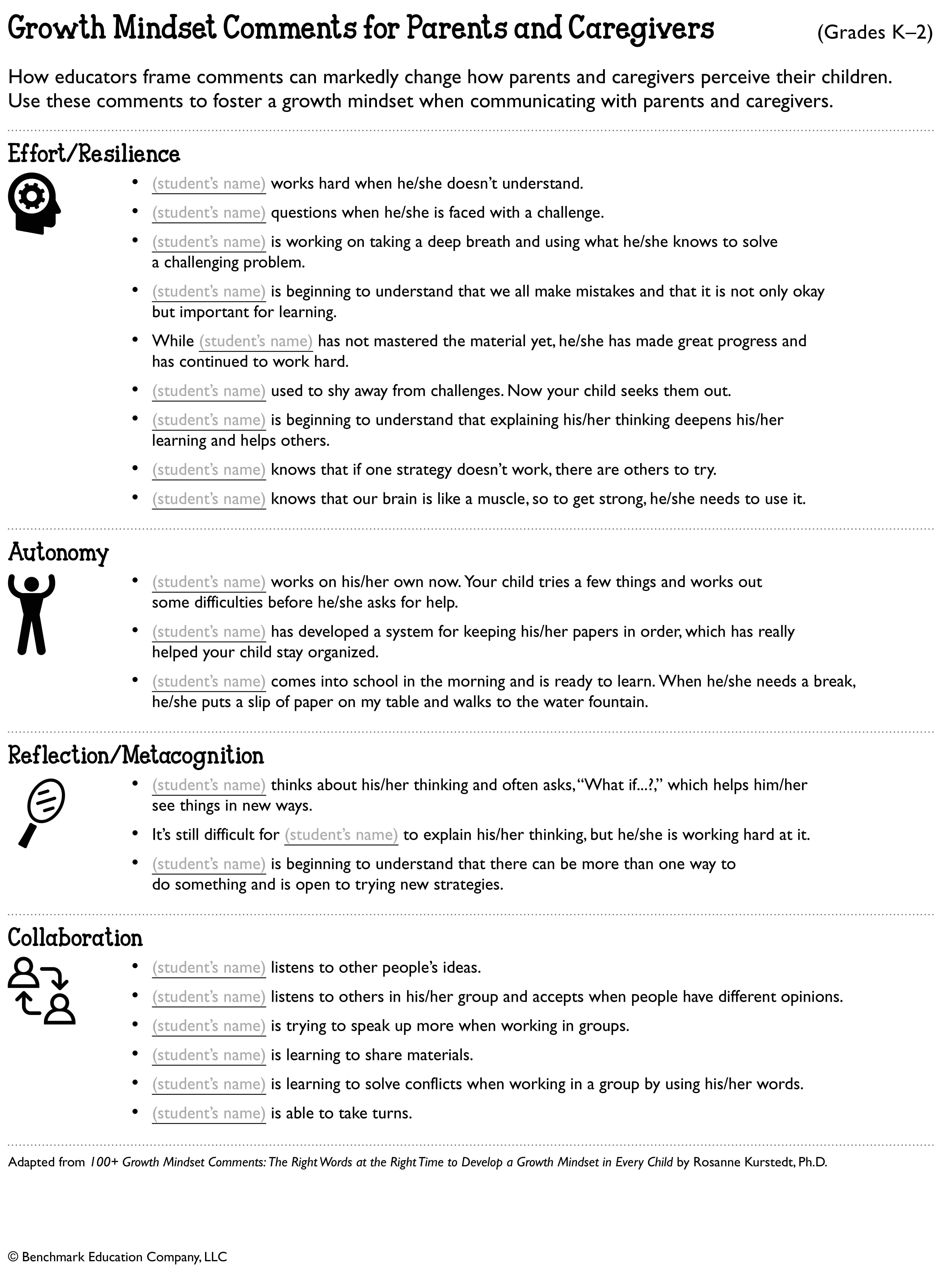 Growth Mindset Comments (K-2)